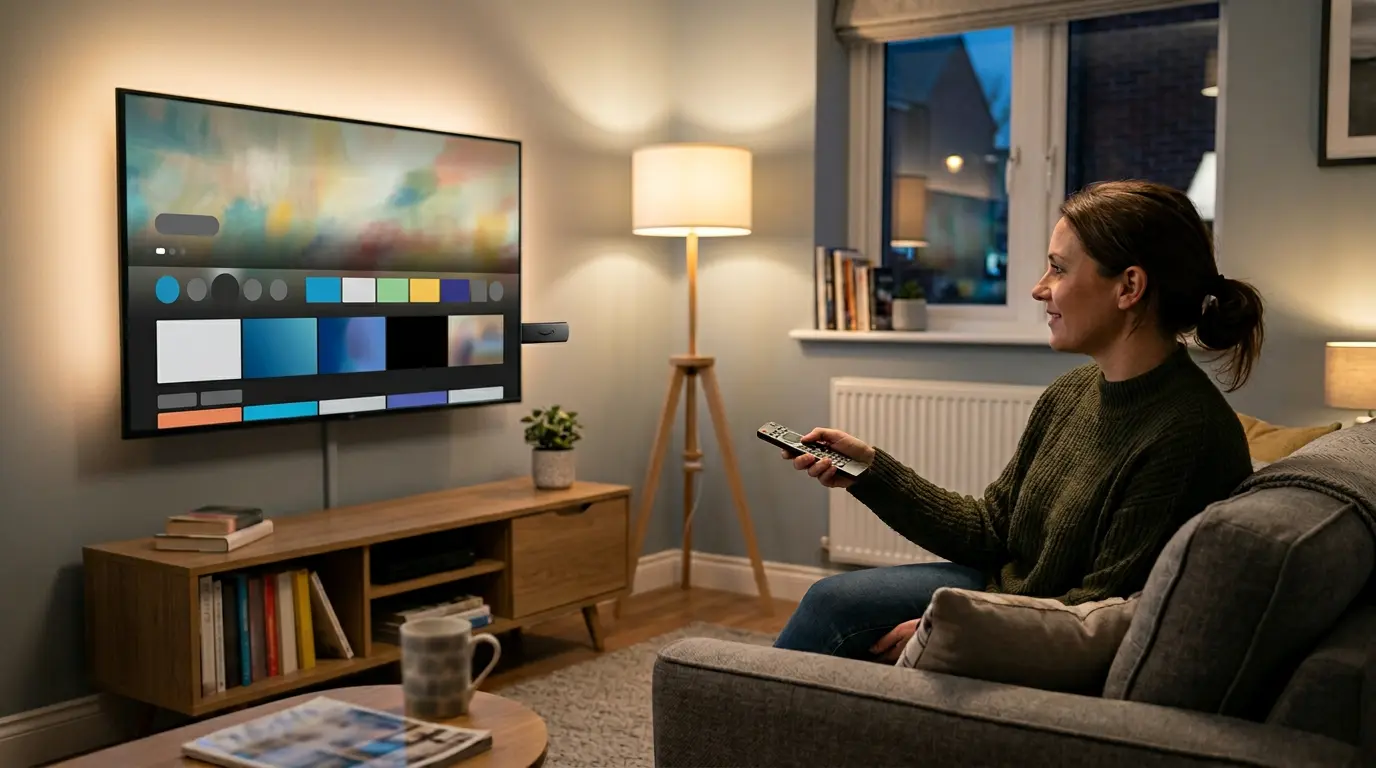 UK living room with smart TV using Best IPTV for Firestick UK