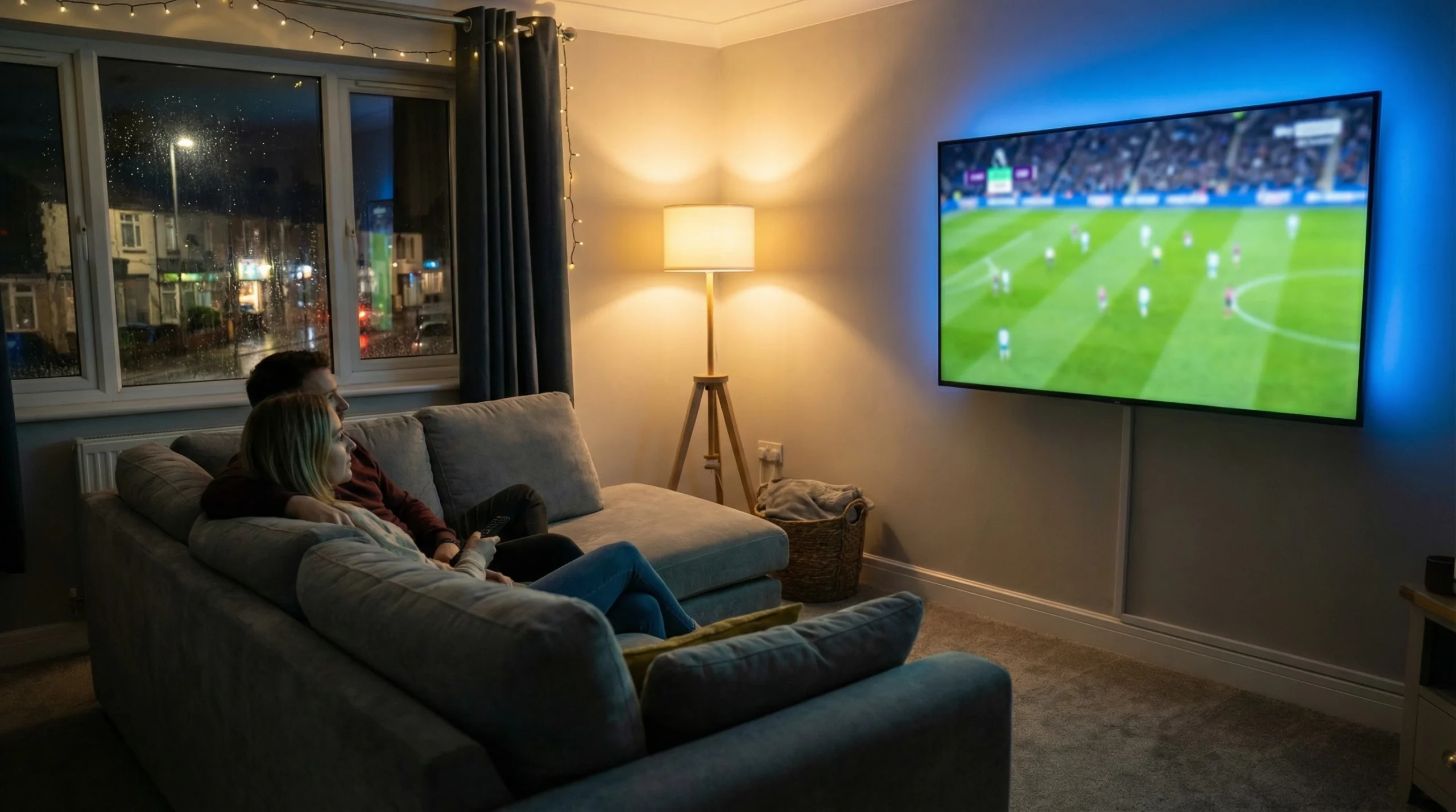 UK living room with people watching the Best IPTV Provider in UK for Sports