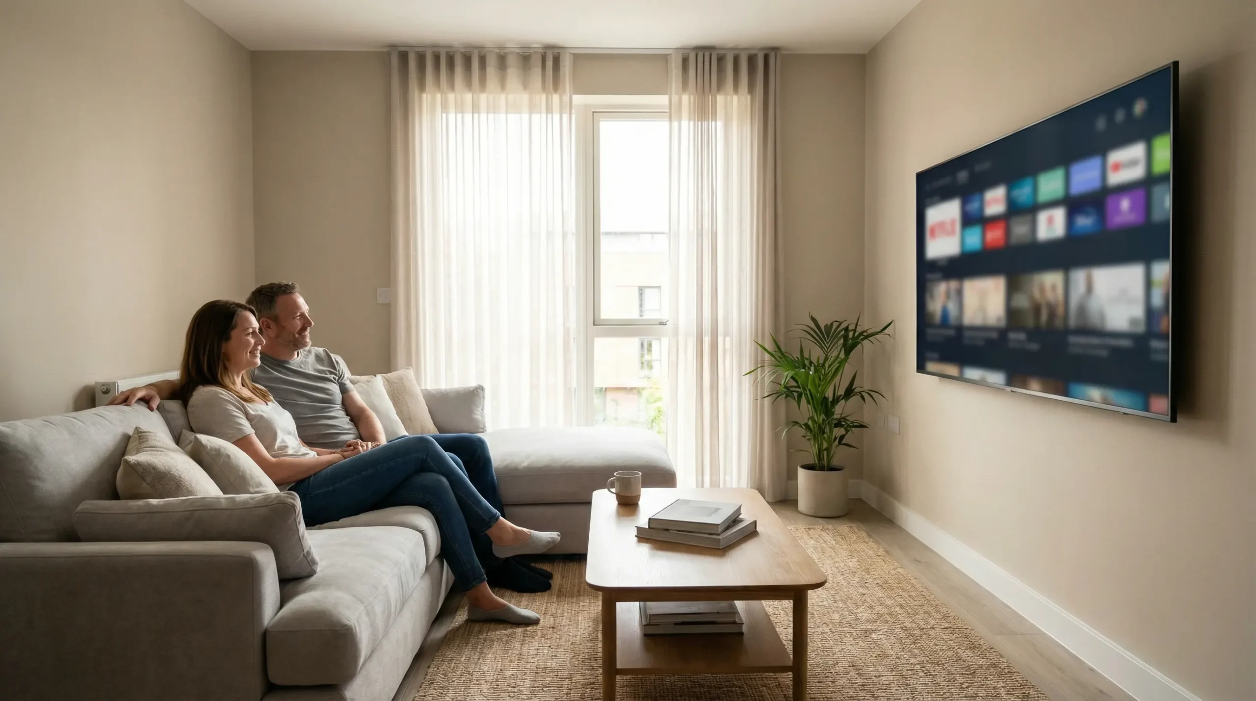 Modern living room in the UK with people watching television on a smart TV using IPTV services