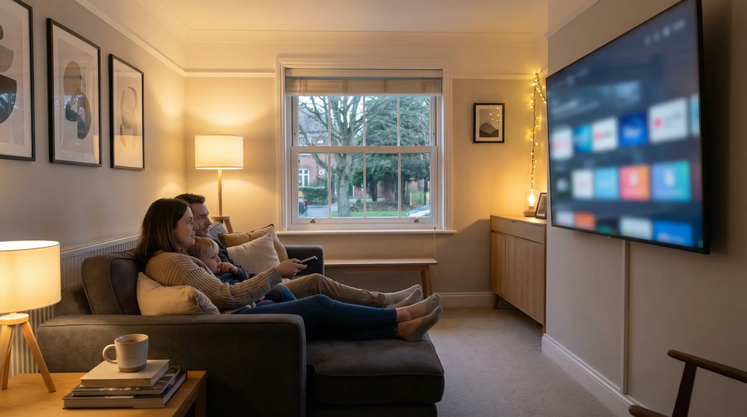 Modern UK living room with smart TV streaming IPTV subscription content