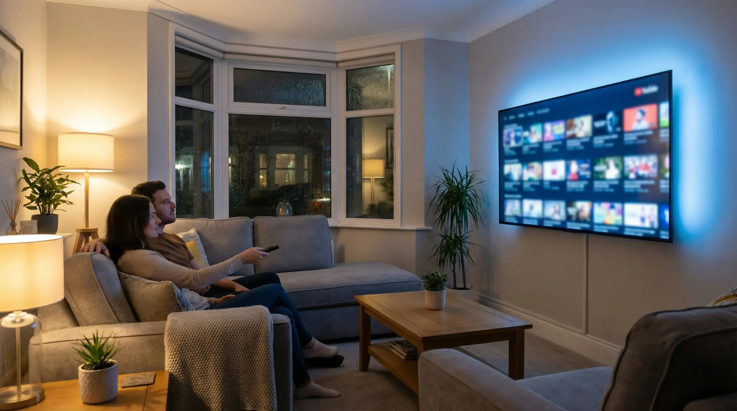 Modern UK living room streaming IPTV services on a smart TV