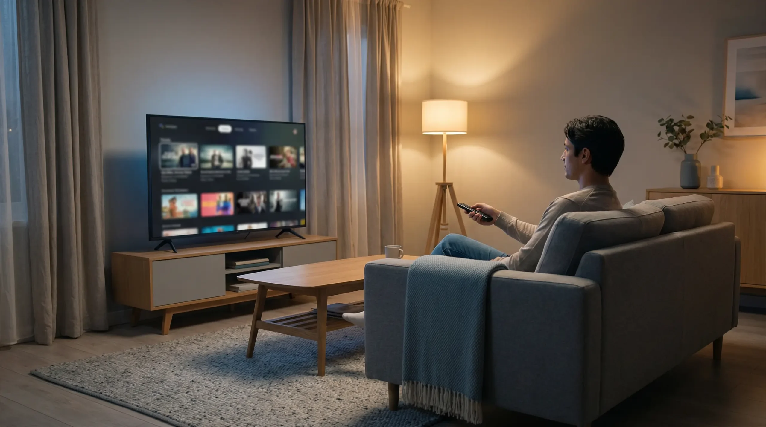 Modern UK living room streaming affordable IPTV services on a smart TV