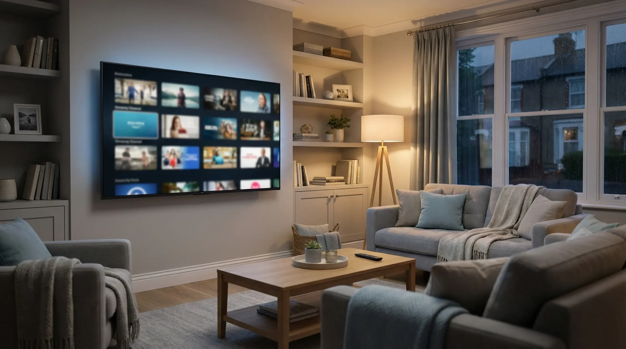 Smart TV showing IPTV channel grid in a modern UK living room