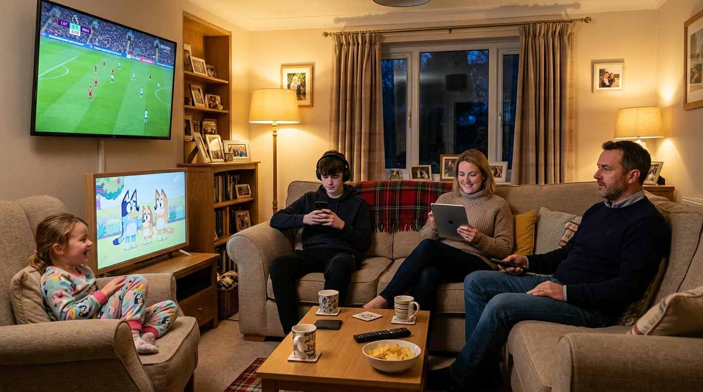 IPTV family UK – household watching different channels on multiple devices