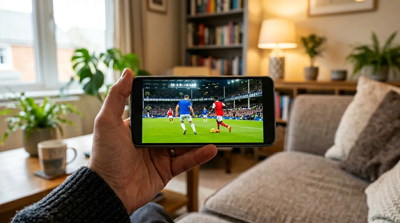 IPTV free trial UK – hand holding phone showing live football stream before subscribing