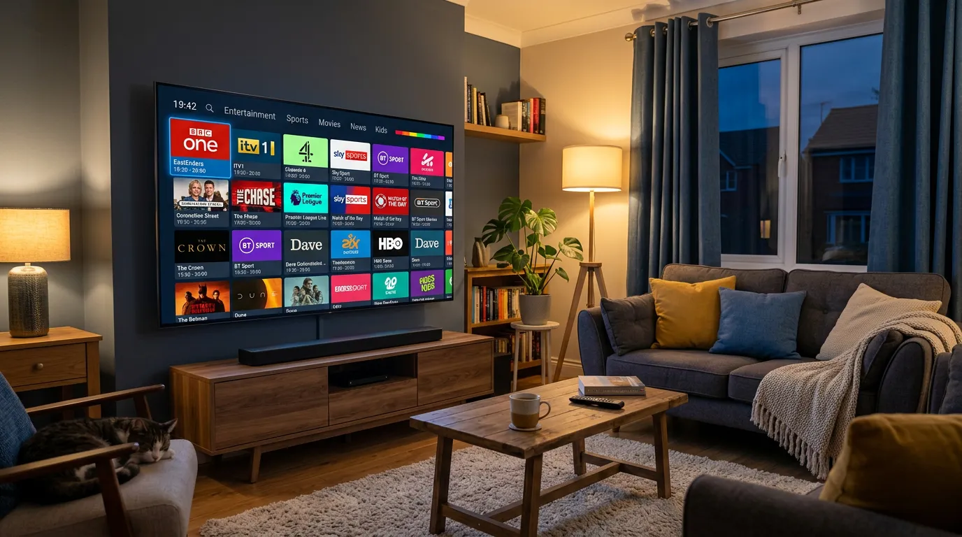 IPTV for smart TV UK – channel guide displayed on a Samsung smart TV in a UK living room