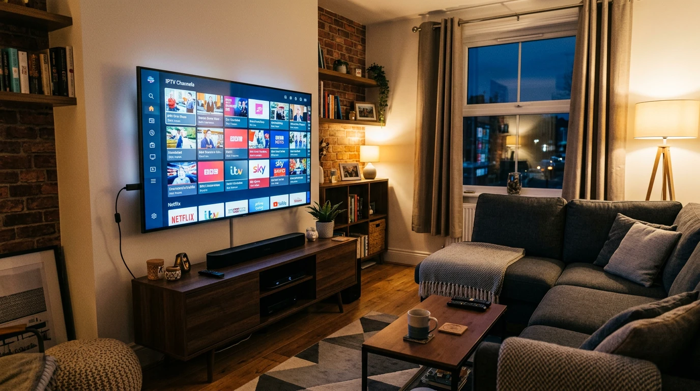 IPTV UK 2026 – smart TV showing channel grid in modern UK living room