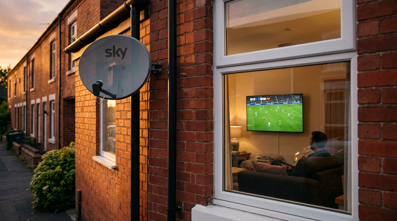 IPTV vs Sky TV UK 2026 – satellite dish on house next to Firestick streaming live football, comparing Sky and IPTV cost